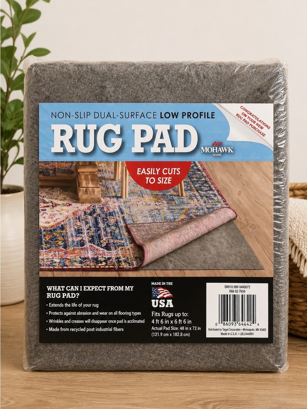 Mohawk Home Non-Slip Dual Surface Low Profile Rug Pad 4’ x 6’ Gray Felt NEW